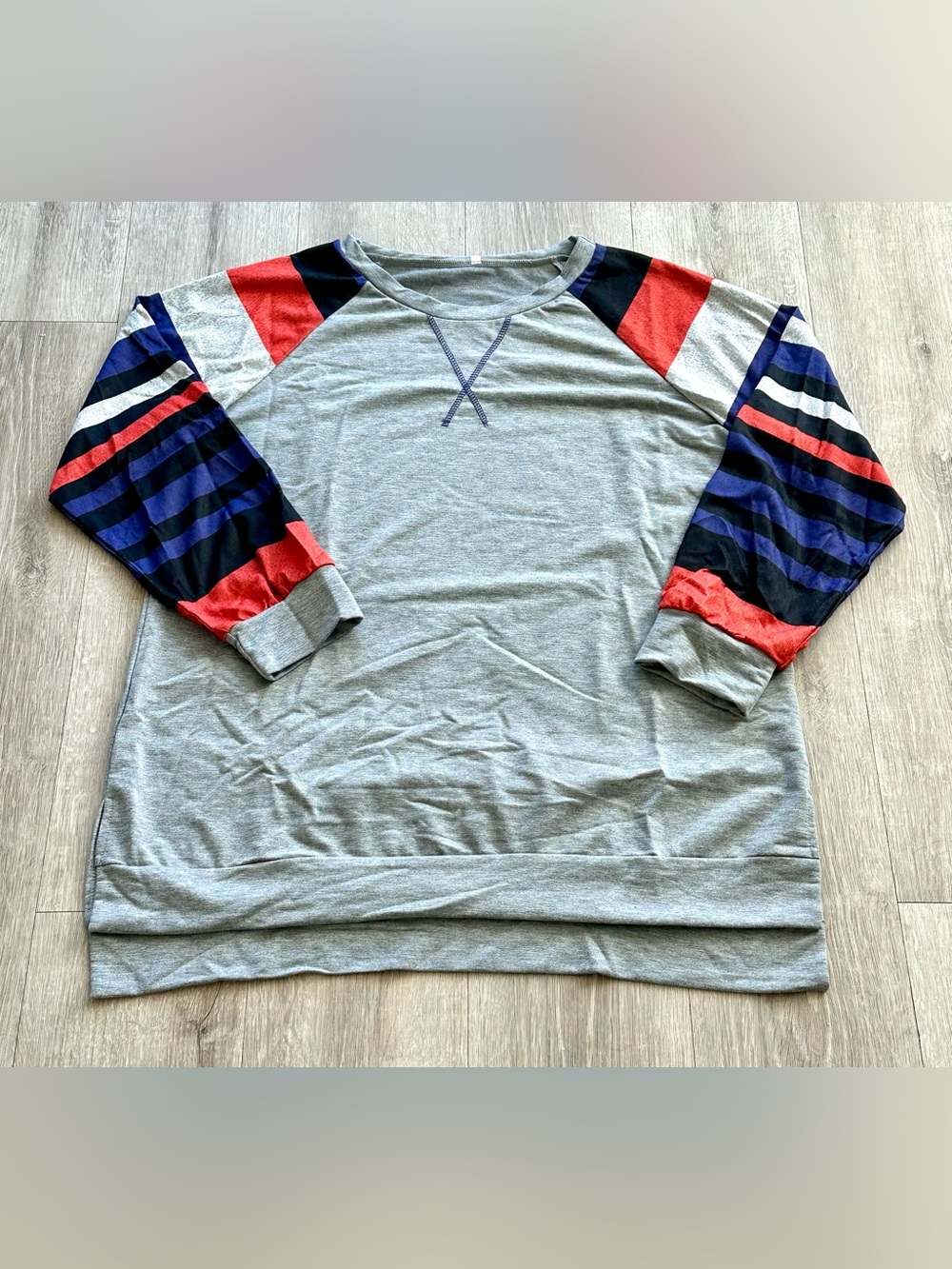 Women’s Grey Pullover Top with Orange & Purple Striped Sleeves Size XXL